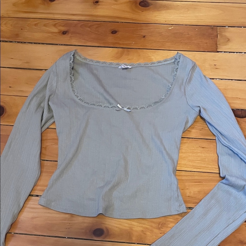 Garage Light Gray Long Sleeve Top with Lace Detail